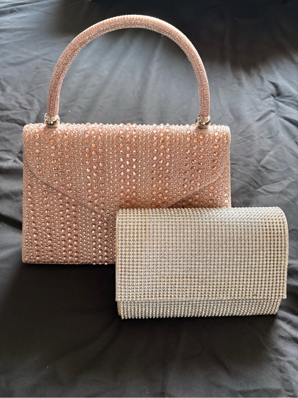 Crystal-Embellished Pink Top-Handle Evening Bag with Silver Rhinestone Clutch